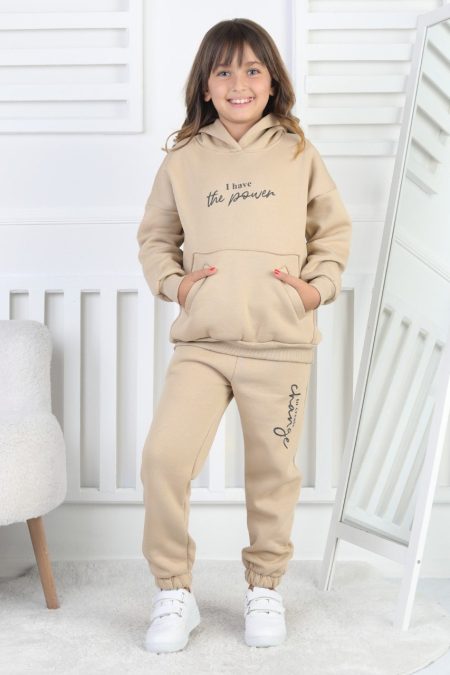 Şardonlu 3 İplik Baskılı Kız Çocuk Bej İkili Takım