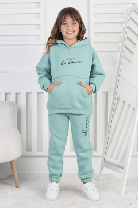 Şardonlu 3 İplik Baskılı Kız Çocuk Yeşil İkili Takım