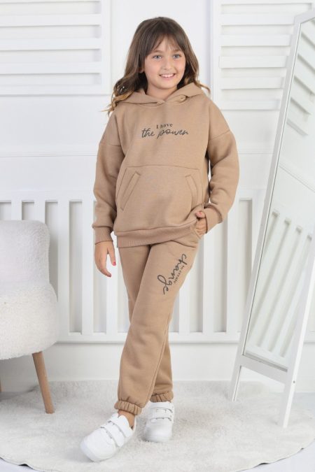 Şardonlu 3 İplik Baskılı Kız Çocuk Vizon Rengi İkili Takım