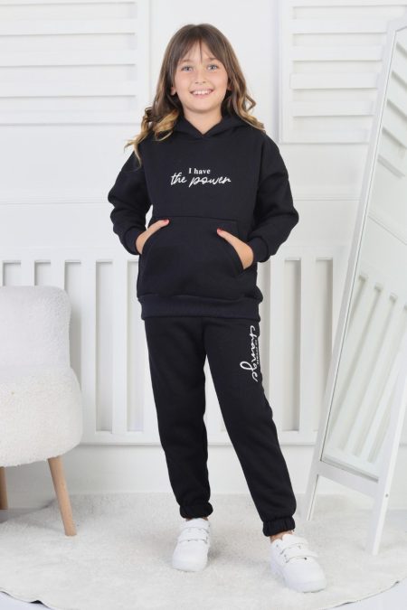 Şardonlu 3 İplik Baskılı Kız Çocuk Siyah İkili Takım