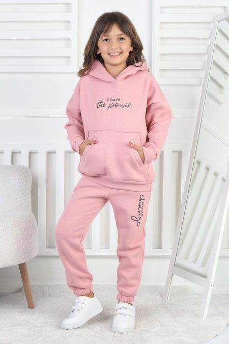 Şardonlu 3 İplik Baskılı Kız Çocuk Pembe Takım