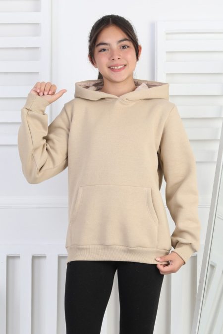Şardonlu 3 İplik Kapşonlu Kız Çocuk Bej Sweatshirt