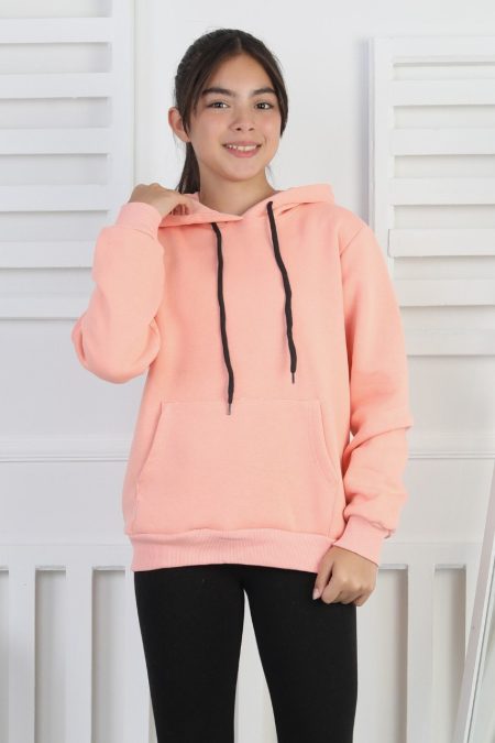 Şardonlu 3 İplik Kapşonlu Kız Çocuk Pudra Rengi Sweatshirt