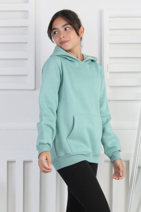 Şardonlu 3 İplik Kapşonlu Kız Çocuk Mint Yeşili Sweatshirt