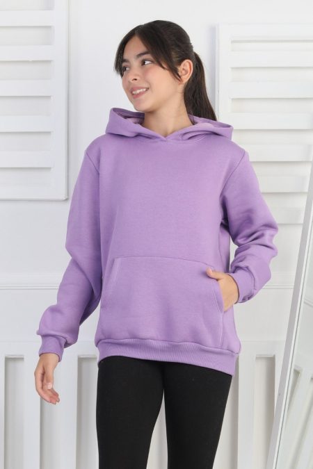 Şardonlu 3 İplik Kapşonlu Kız Çocuk Lila Sweatshirt