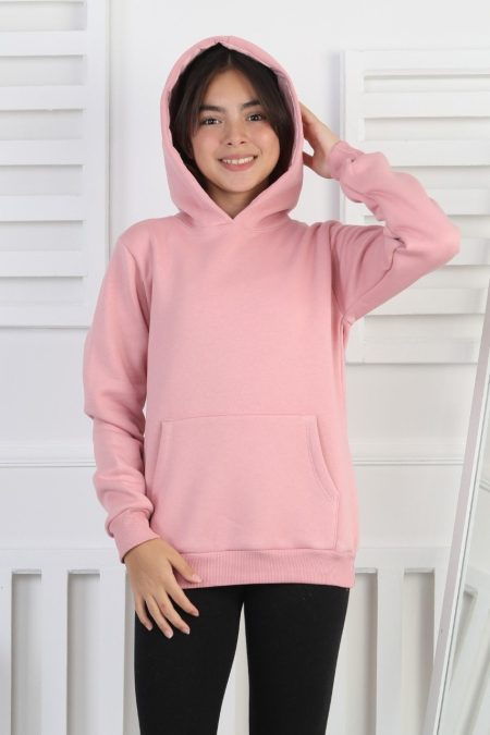 Şardonlu 3 İplik Kapşonlu Kız Çocuk Saman Rengi Sweatshirt