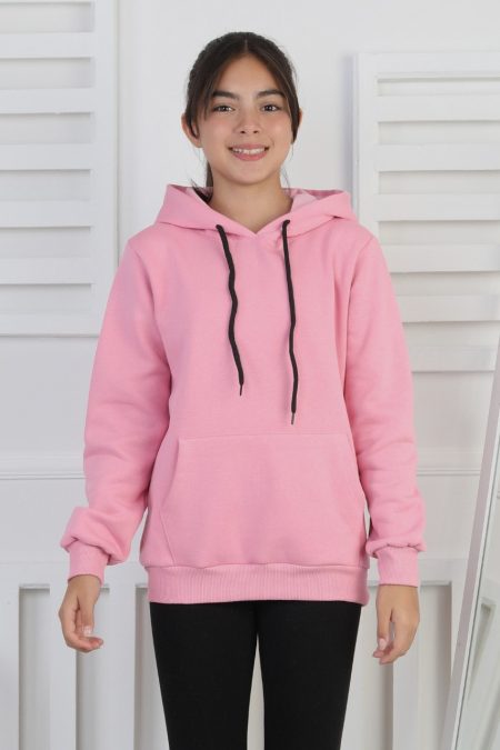 Şardonlu 3 İplik Kapşonlu Kız Çocuk Pembe Sweatshirt