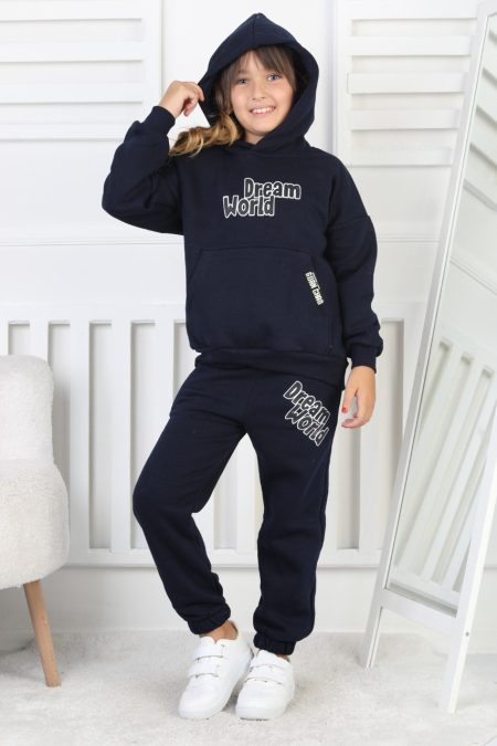 Şardonlu 3 İplik Baskılı Kapşonlu Kız Çocuk Lacivert Takım