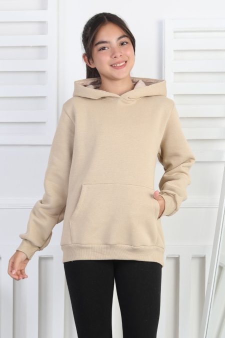 Şardonlu 3 İplik Kapşonlu Kız Çocuk Bej Sweatshirt