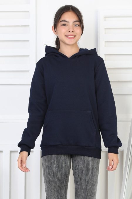 Şardonlu 3 İplik Kapşonlu Kız Çocuk Lacivert Sweatshirt