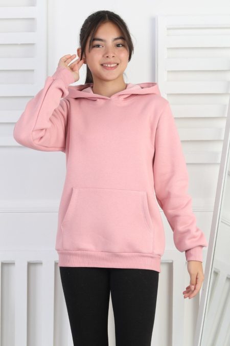 Şardonlu 3 İplik Kapşonlu Kız Çocuk Pembe Sweatshirt