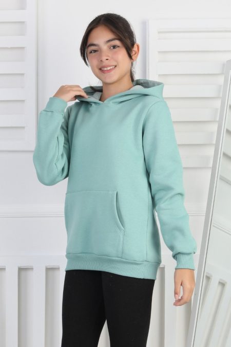 Şardonlu 3 İplik Kapşonlu Kız Çocuk Mint Yeşili Sweatshirt