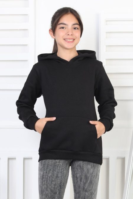 Şardonlu 3 İplik Kapşonlu Kız Çocuk Siyah Sweatshirt