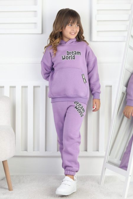 Şardonlu 3 İplik Baskılı Kapşonlu Kız Çocuk Lila Takım