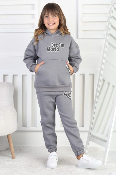 Şardonlu 3 İplik Baskılı Kapşonlu Kız Çocuk Lila Takım