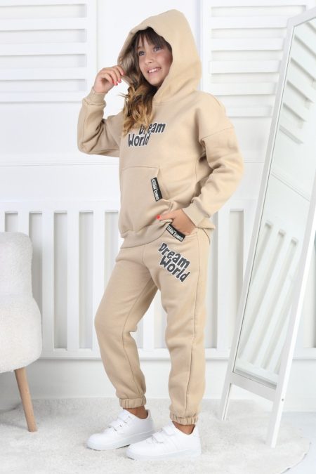 Şardonlu 3 İplik Baskılı Kapşonlu Kız Çocuk Bej Takım
