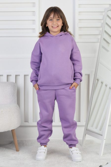 Şardonlu 3 İplik Baskılı Kapşonlu Kız Çocuk Lila Takım