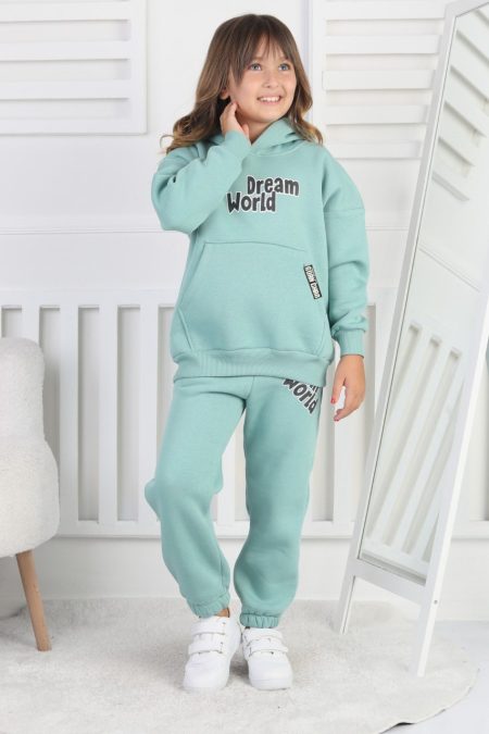 Şardonlu 3 İplik Baskılı Kapşonlu Kız Çocuk Yeşil Takım