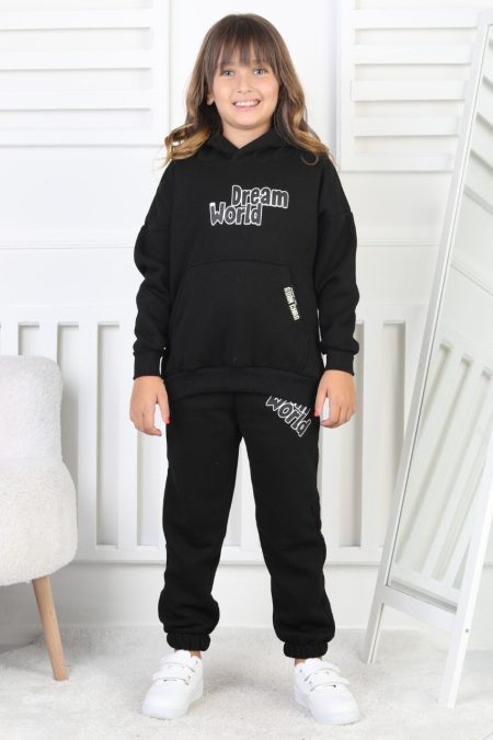 Şardonlu 3 İplik Baskılı Kapşonlu Kız Çocuk Siyah Takım