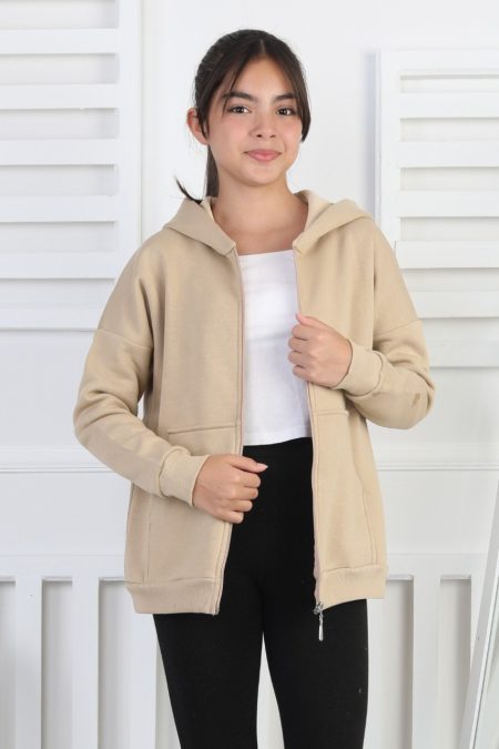 Şardonlu 3 İplik Kapşonlu Kız Çocuk Bej Sweatshirt