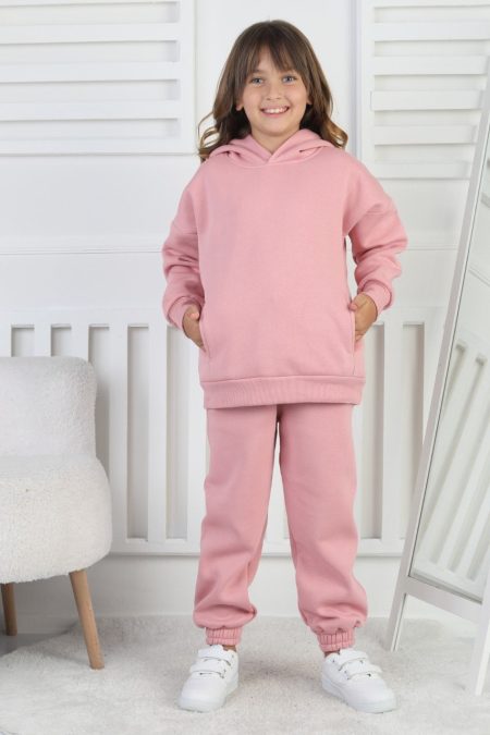Şardonlu 3 İplik Baskılı Kapşonlu Kız Çocuk Pembe Takım