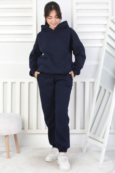 Şardonlu 3 İplik Baskılı Kapşonlu Kız Çocuk Lacivert Takım