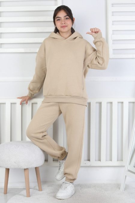 Şardonlu 3 İplik Baskılı Kapşonlu Kız Çocuk Bej İkili Takım