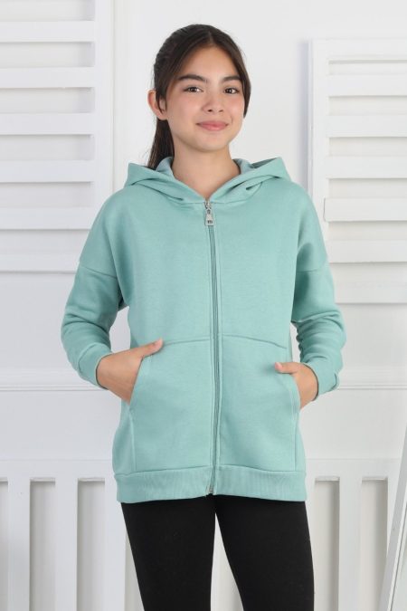 Şardonlu 3 İplik Kapşonlu Kız Çocuk Yeşil Sweatshirt