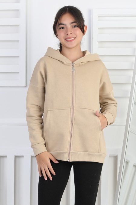 Şardonlu 3 İplik Kapüşonlu Bej Kız Çocuk Bej Sweatshirt