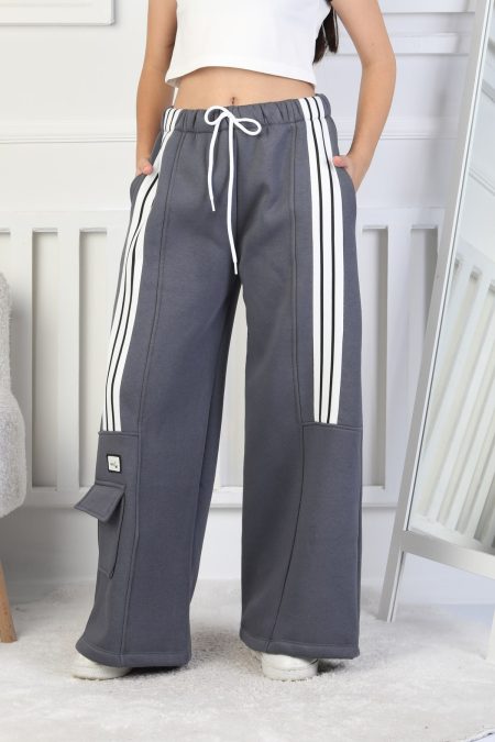 Üç İplik Şardonlu Çep Detaylı Bol Paça Kız Çocuk Gri Eşofman Altı