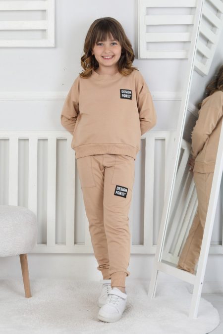 İki İplik Baskılı Kız Çocuk Bej İkili Takım