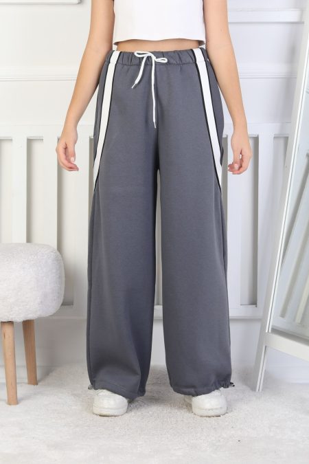 Üç İplik Şardonlu Çapraz Çizgili Bol Paça Kız Çocuk Gri Eşofman Altı