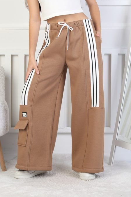 Üç İplik Şardonlu Çep Detaylı Bol Paça Kız Çocuk Kahverengi Eşofman Altı