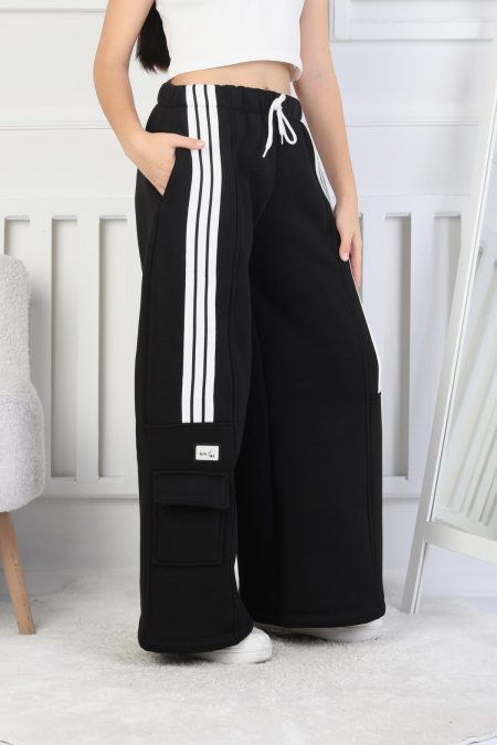 Üç İplik Şardonlu Çep Detaylı Bol Paça Kız Çocuk Siyah Eşofman Altı