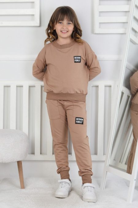 İki İplik Baskılı Kız Çocuk Kahverengi İkili Takım