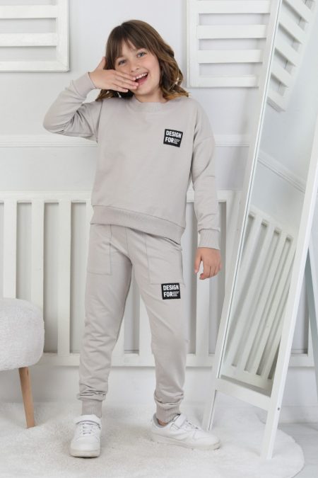 İki İplik Baskılı Kız Çocuk Gri İkili Takım