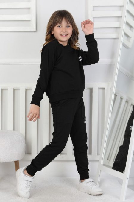 İki İplik Baskılı Kız Çocuk Siyah İkili Takım