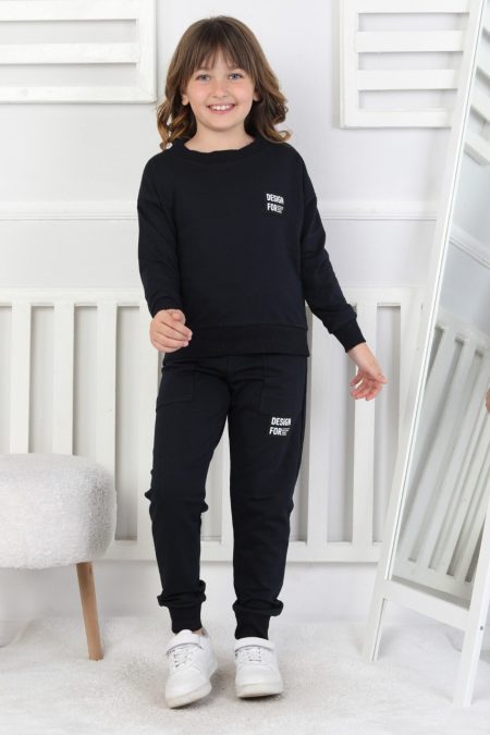 İki İplik Baskılı Kız Çocuk Lacivert İkili Takım