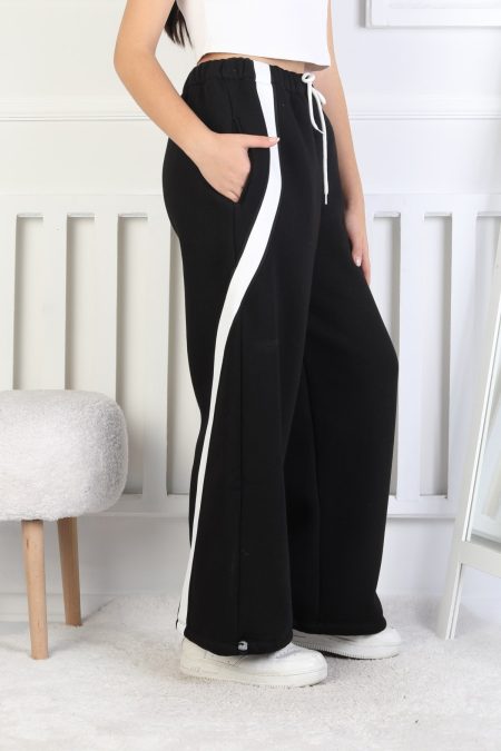 Üç İplik Şardonlu Çapraz Çizgili Bol Paça Kız Çocuk Siyah Eşofman Altı