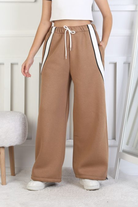 Üç İplik Şardonlu Çapraz Çizgili Bol Paça Kız Çocuk Kahverengi Eşofman Altı