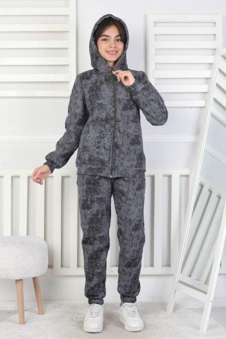 Üç İplik Fermuarlı Kapüşonlu Kız Çocuk Antrasit İkili Takım