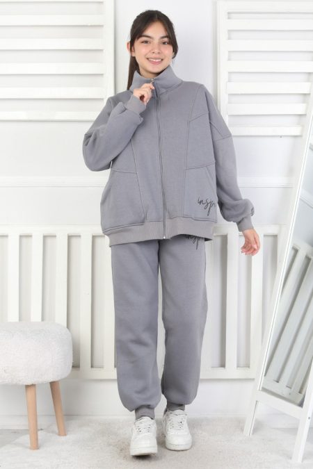 Üç İplik Fermuarlı Kız Çocuk Gri İkili Takım