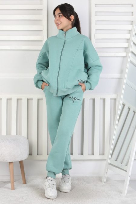 Üç İplik Fermuarlı Kız Çocuk Yeşil İkili Takım