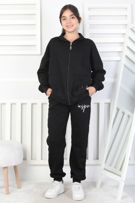 Üç İplik Fermuarlı Kız Çocuk Siyah İkili Takım