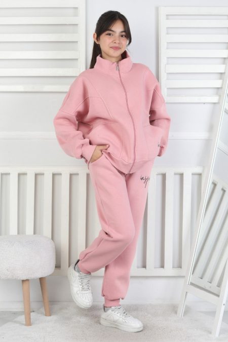 Üç İplik Fermuarlı Kız Çocuk Pembe İkili Takım