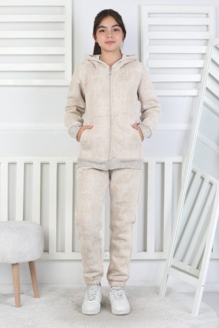 Üç İplik Fermuarlı Kapüşonlu Kız Çocuk Bej İkili Takım