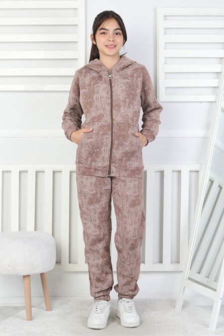 Üç İplik Fermuarlı Kapüşonlu Kız Çocuk Kahverengi İkili Takım