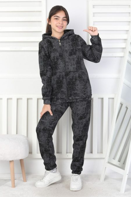 Üç İplik Fermuarlı Kapüşonlu Kız Çocuk Siyah İkili Takım