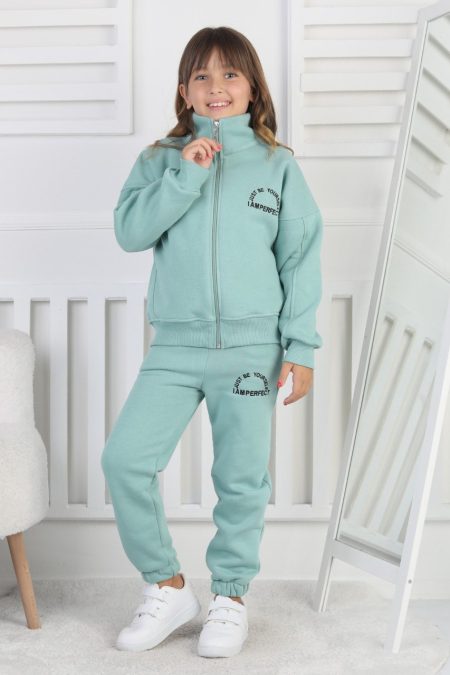 Üç İplik Fermuarlı Baskılı Kız Çocuk Takım