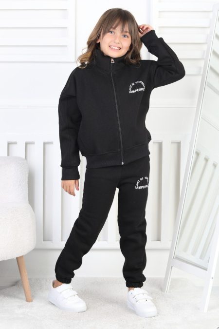 Üç İplik Fermuarlı Baskılı Kız Çocuk Takım